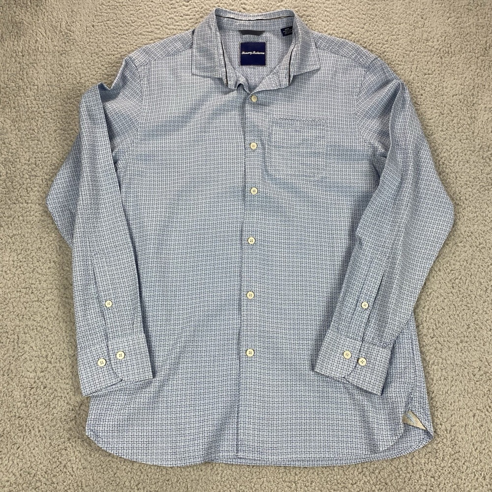 Tommy Bahama Shirt Mens Medium Blue Silk Blend Seersucker Button Up Long Sleeve